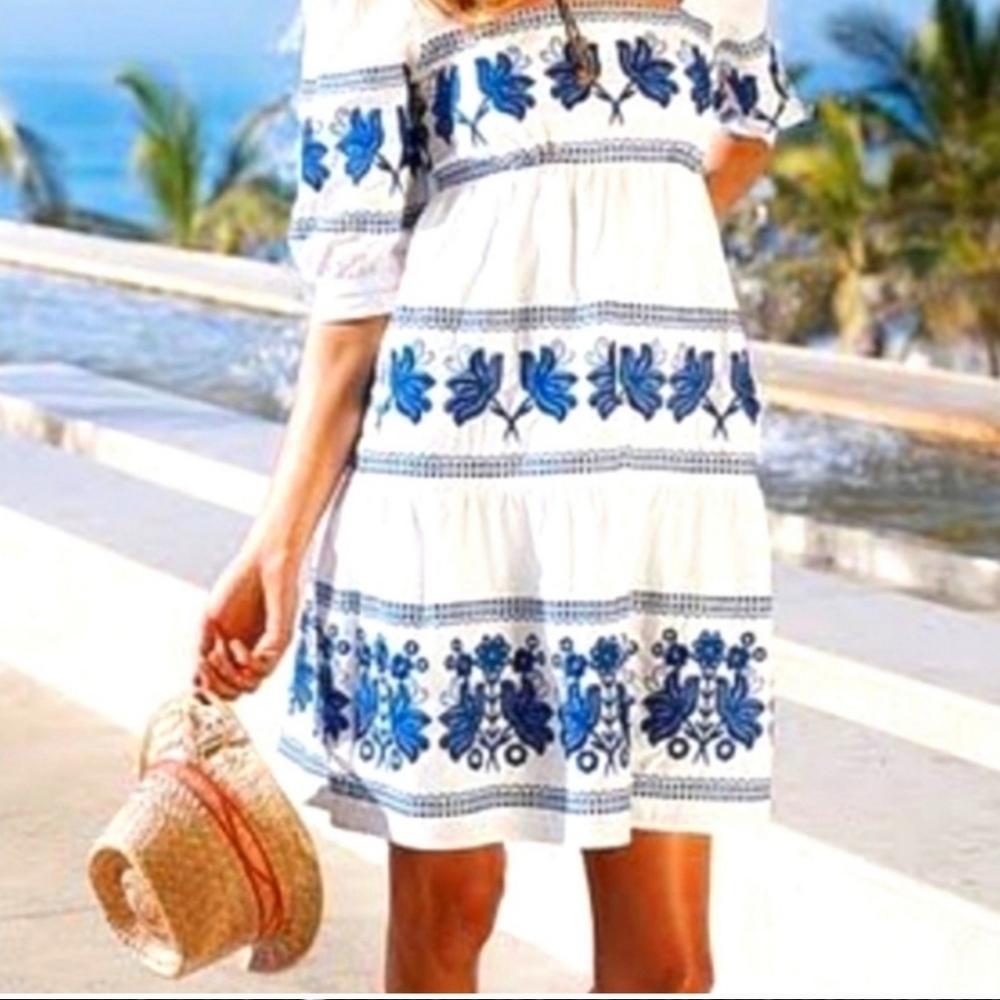 Moda International GRECIAN embroidered 100% cotton dress white cobalt blue